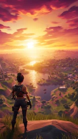 Character observes stylized lakeside landscape at sunset