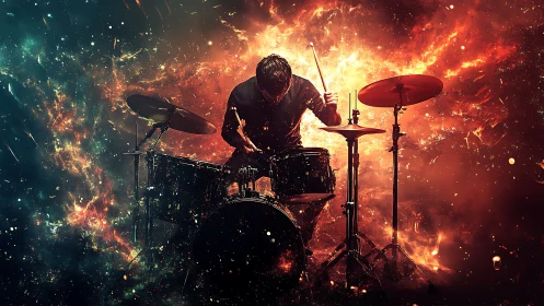 Cosmic drummer silhouetted in fiery nebula explosion scene.