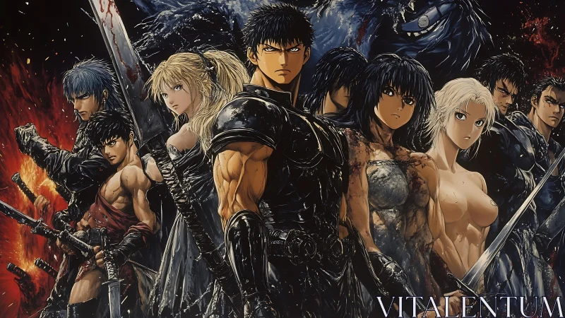 Dark fantasy anime warriors lined in tense battle pose.