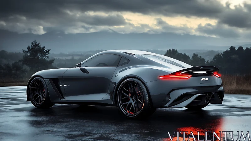 Rendered sports coupe is parked on wet asphalt at dusk