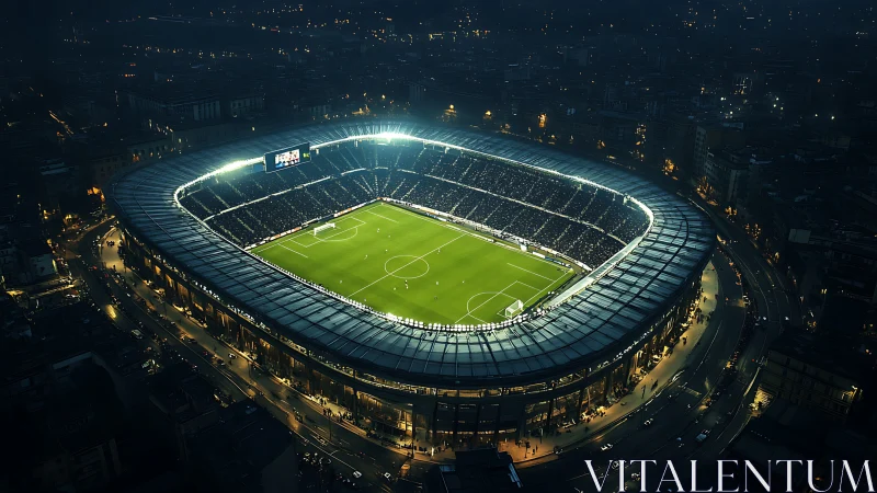 Illuminated football stadium under night sky in cityscape.