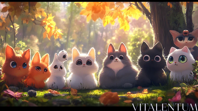 Adorable Cats Gathering in Sunlit Autumn Forest.