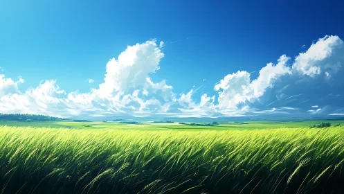 Digital painting of luminous wheat field under sculpted clouds.