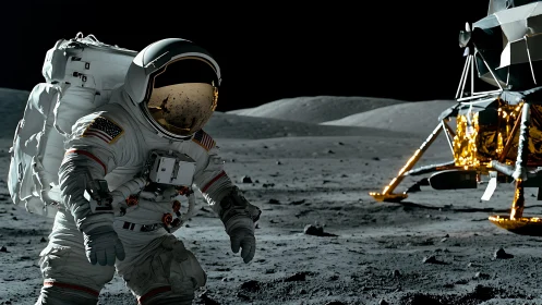 Astronaut explores lunar surface beside metallic lander module.