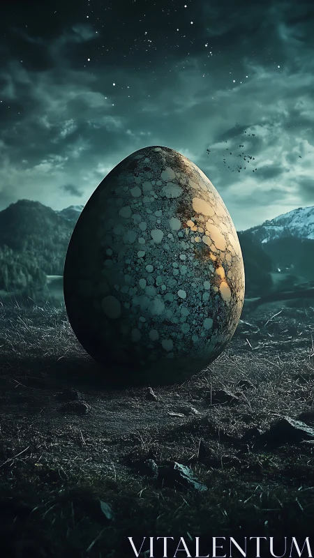 Monolithic speckled egg under cinematic twilight sky.
