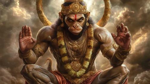 Divine simian warrior rendered in hyperreal digital chiaroscuro