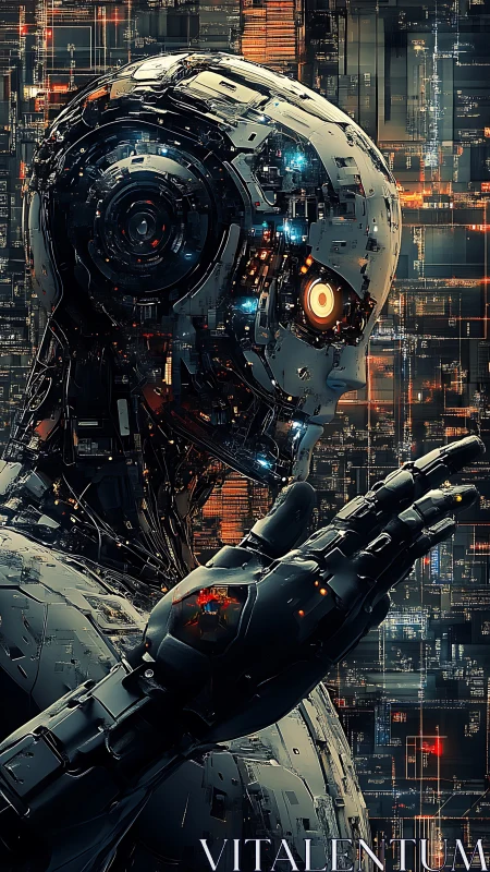 Cybernetic profile of luminous android in data lattice.