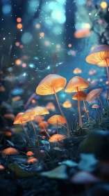 Bioluminescent forest mushrooms emit warm rim-lit glows in bokeh field