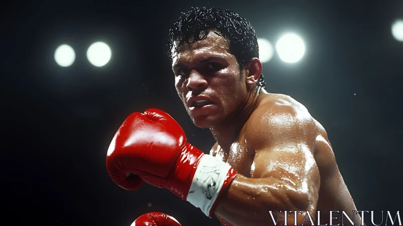 Professional boxer in red gloves under arena lights