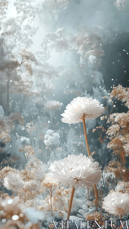 Ethereal Garden: White Flowers Dancing in Golden Light.