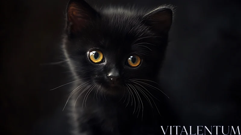 Black cat with amber eyes in dark environment.