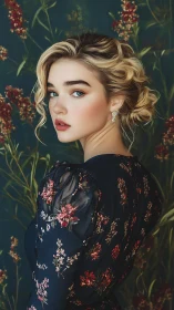 Photorealistic portrait of young woman in floral navy dress