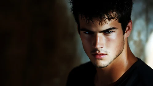 Intense male portrait in dramatic side shadowed lighting.