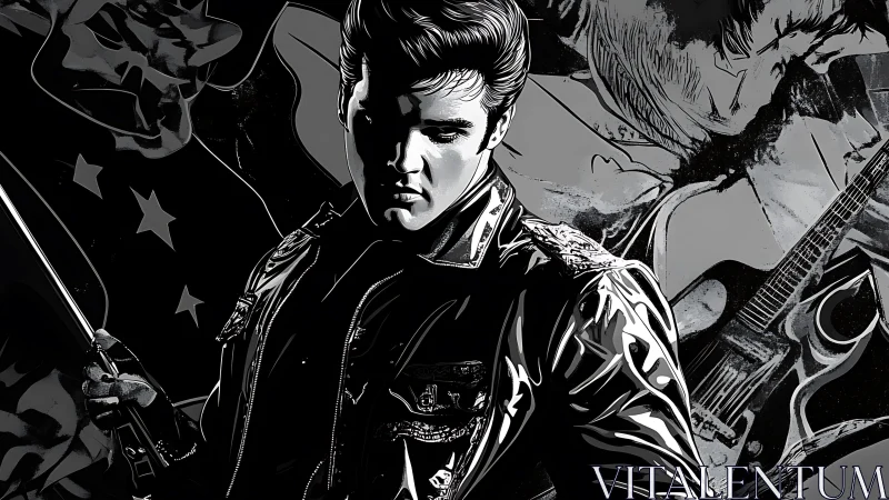 Monochrome rocker portrait uses high-contrast inking and layered collage