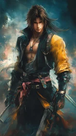 Brooding fantasy swordsman stands amid swirling battle mist.