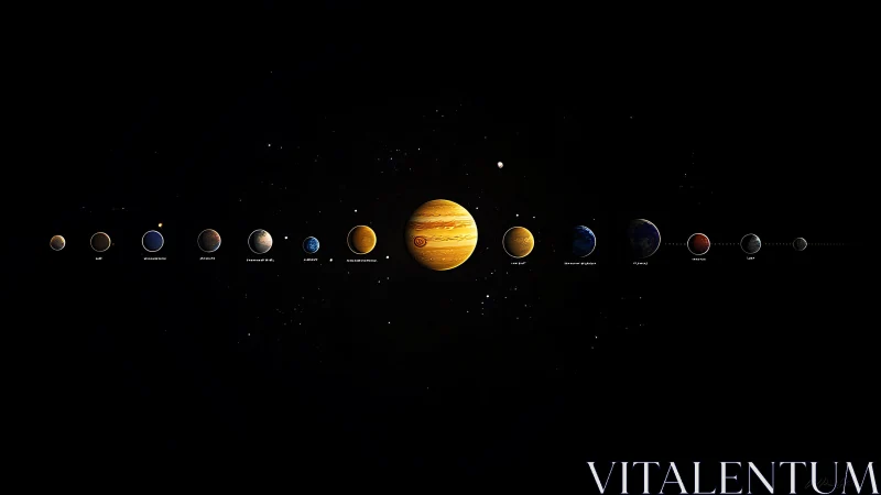 Stylized solar system lineup illustrates planetary orbits.