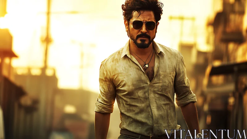 Backlit urban street portrait with high-contrast golden hour lighting