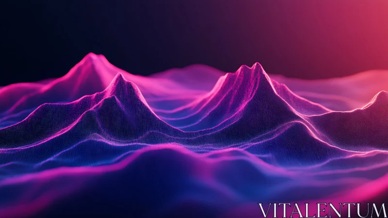 Neon gradient wireframe mountainscape with volumetric glow