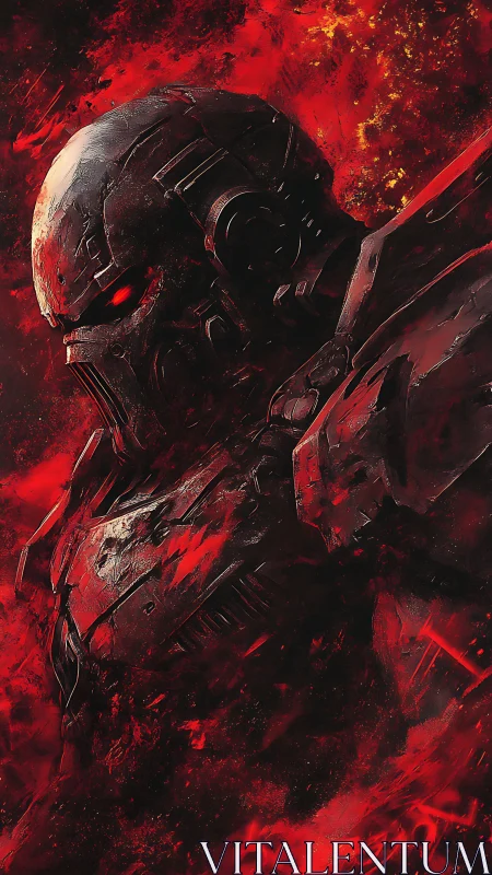 Armored cyber warrior in red inferno battlefield scene.