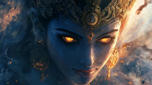 Divine blue visage in molten ember-lit digital painting portrait.