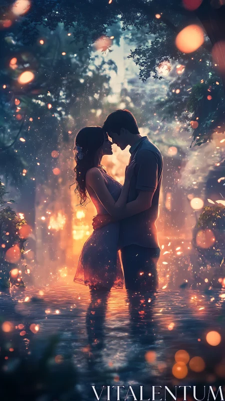 Silhouetted Couple Embracing Under Luminous Particle Rain