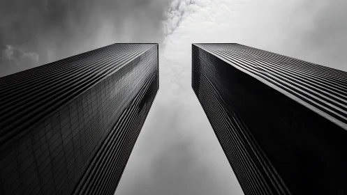 Twin high-rise towers in monochrome vertical perspective.