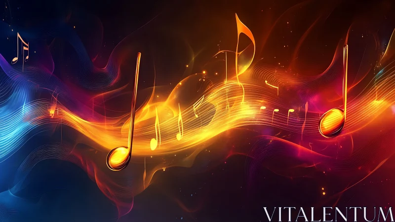 Luminous musical notes flowing through vibrant neon waves.
