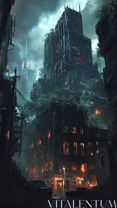 Overgrown cyberpunk towers glow through stormy night haze