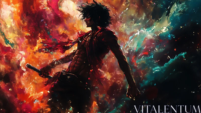 Sword-wielding warrior in abstract inferno color field.