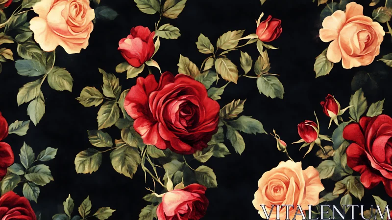 Red and Peach Roses Bloom Against Deep Black Background