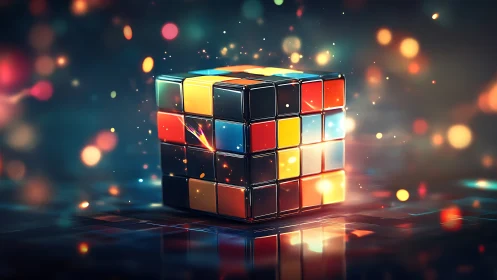 Rubik’s cube floats in colorful bokeh light field