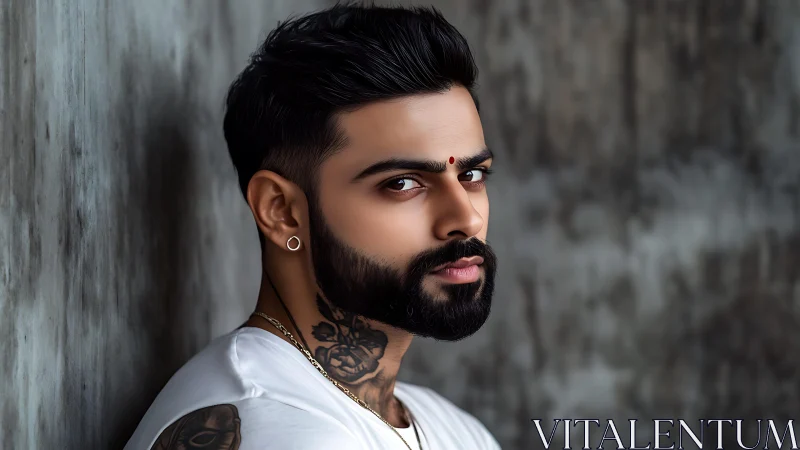 Bearded man with tattoos poses against textured concrete wall