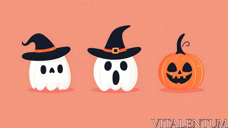 Whimsical ghost trio and pumpkin parade in soft pastels.
