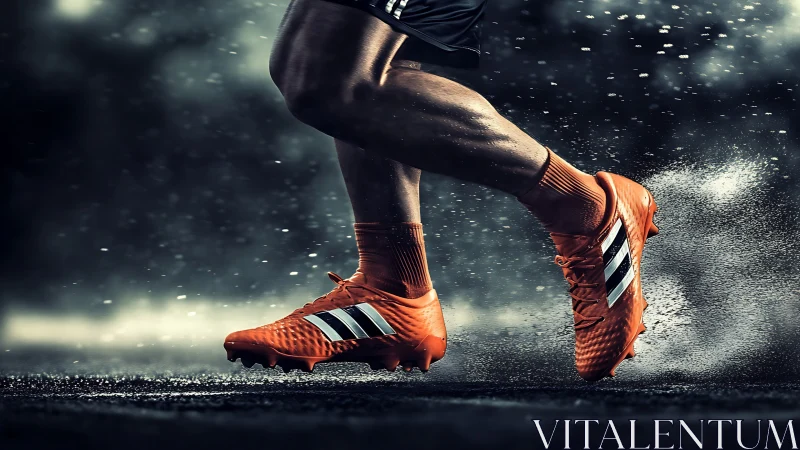 Powerful orange soccer cleats cut through rain and wet turf