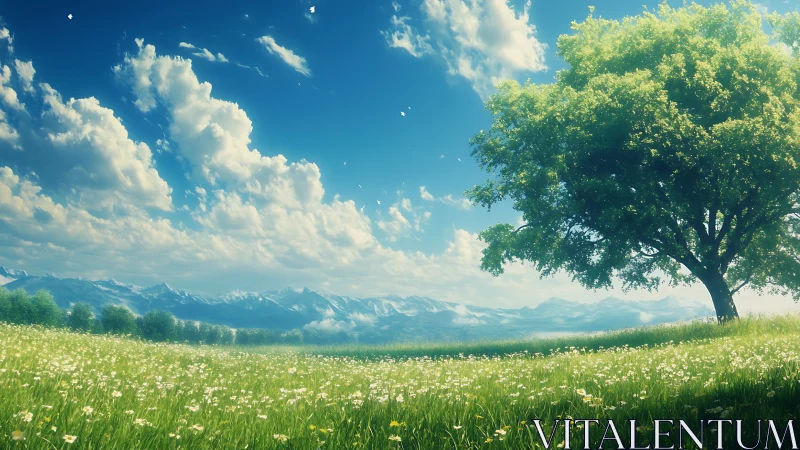 Sunlit meadow tree before distant snowcapped mountains.