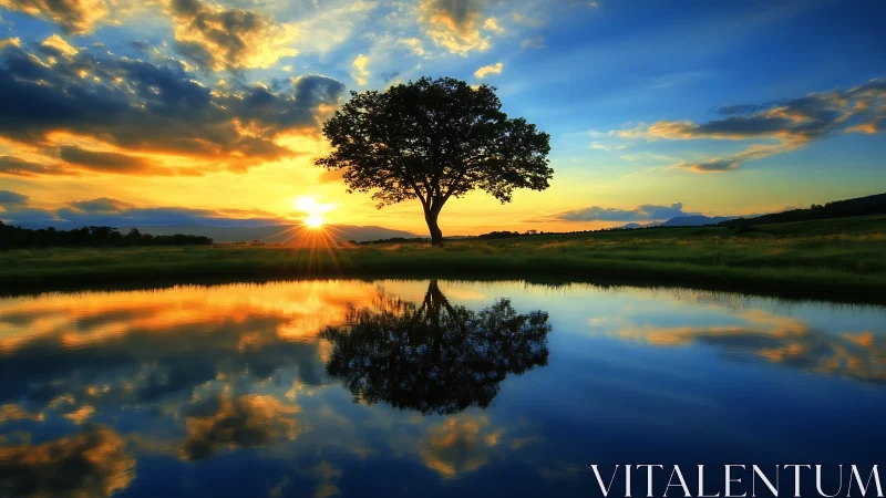 Solitary Tree at Sunset Reflected on Calm Water in Vibrant Colors.