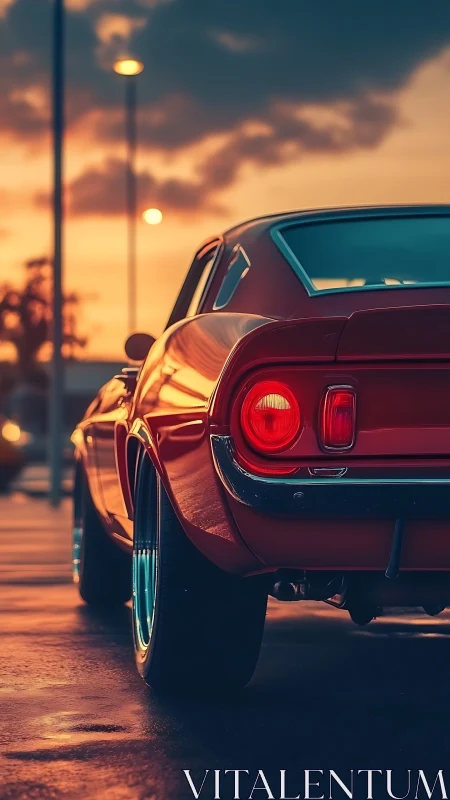 Classic red muscle car at sunset in parking lot.
