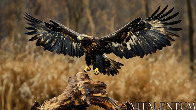 Majestic Golden Eagle Landing on Log in Natural Autumn Setting.