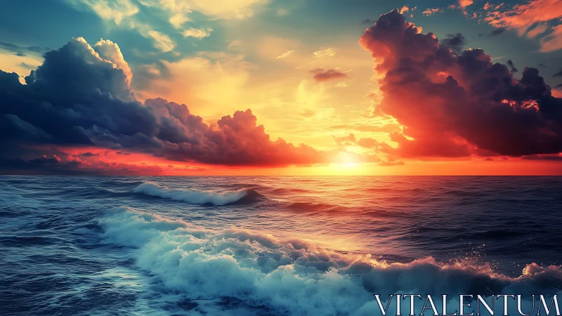 Dramatic digital seascape with sunset sky and waves.