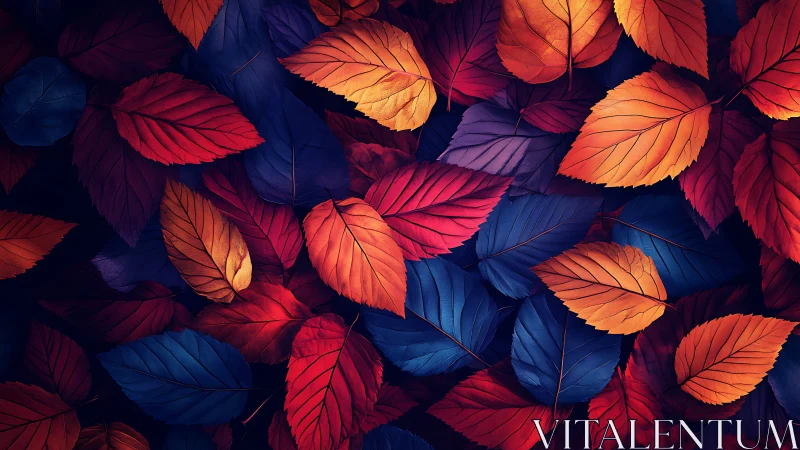 Vibrant autumn leaves glow with deep blue contrast.