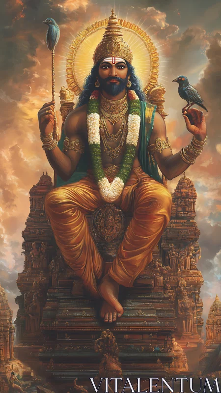 Divine seated deity above ornate temple spires at dusk.