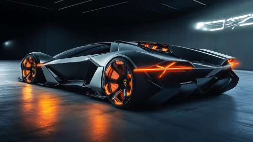 Futuristic supercar glows in a dark neon-lit showroom