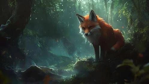 Luminous forest fox under volumetric god-rays at dawn.