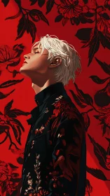 Crimson florals and quiet confidence in profile portrait.