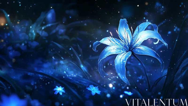Luminous blue lily in nocturnal flora digital painting.