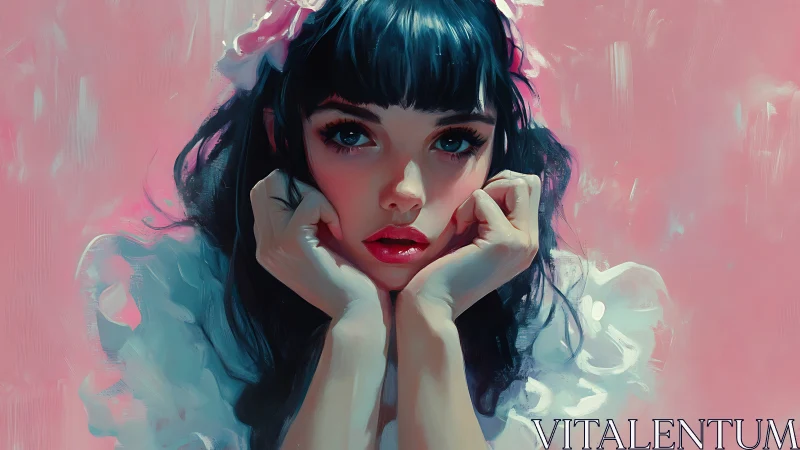 Young woman portrait in soft pink digital painting.