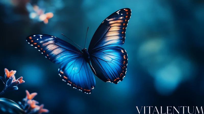 Blue morpho butterfly hovers in bokeh-lit nocturnal garden