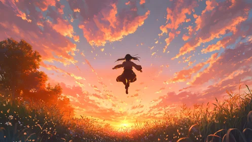Sunset leap into glowing sky over wildflower field.