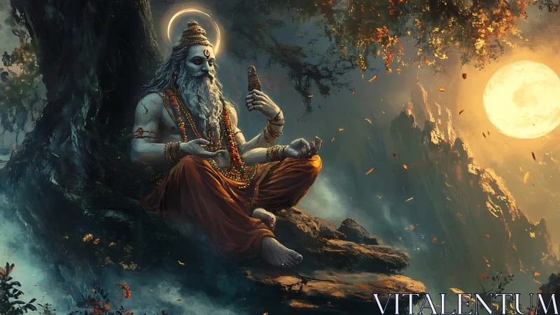 Serene ascetic figure under tree beside large full moon.