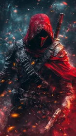 Hooded red-cloaked sci fi assassin amid blazing embers.
